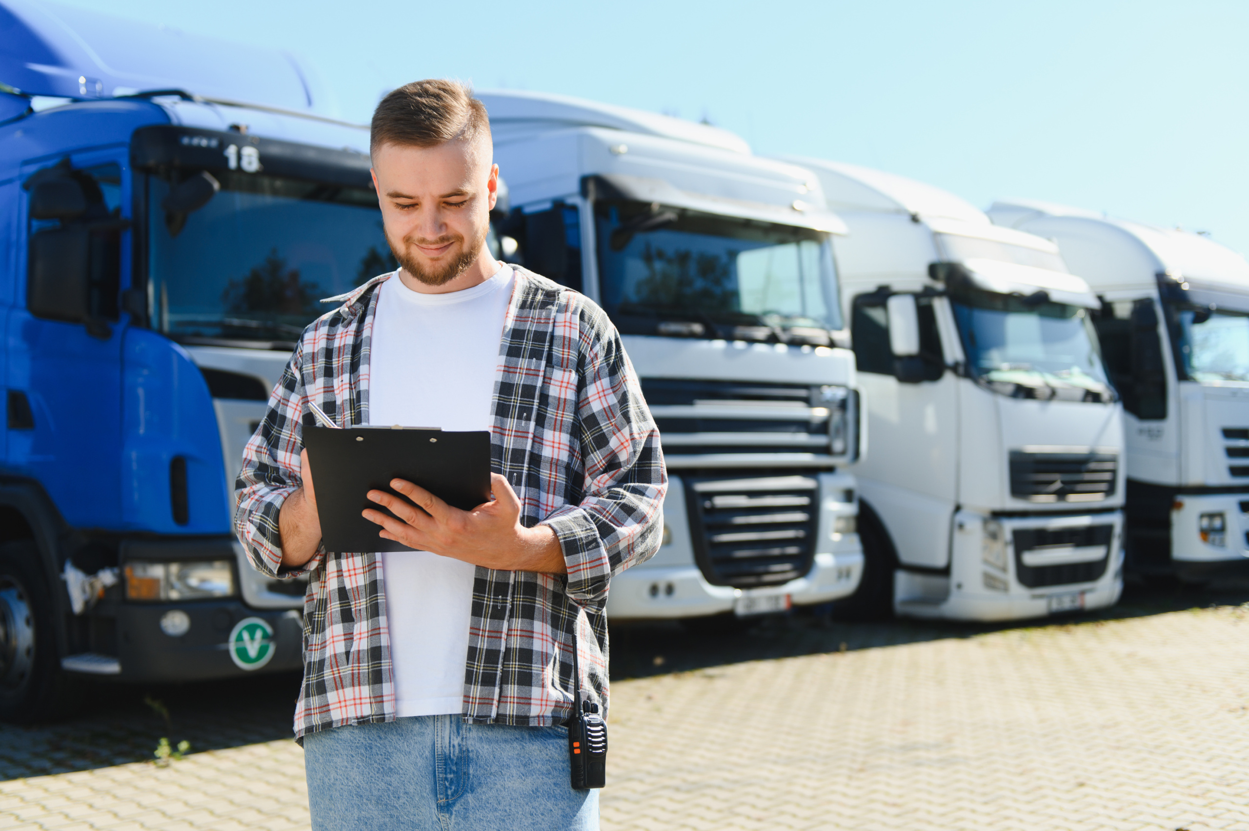 Truck driver checking logistics documentation inspecting fleet of trucks